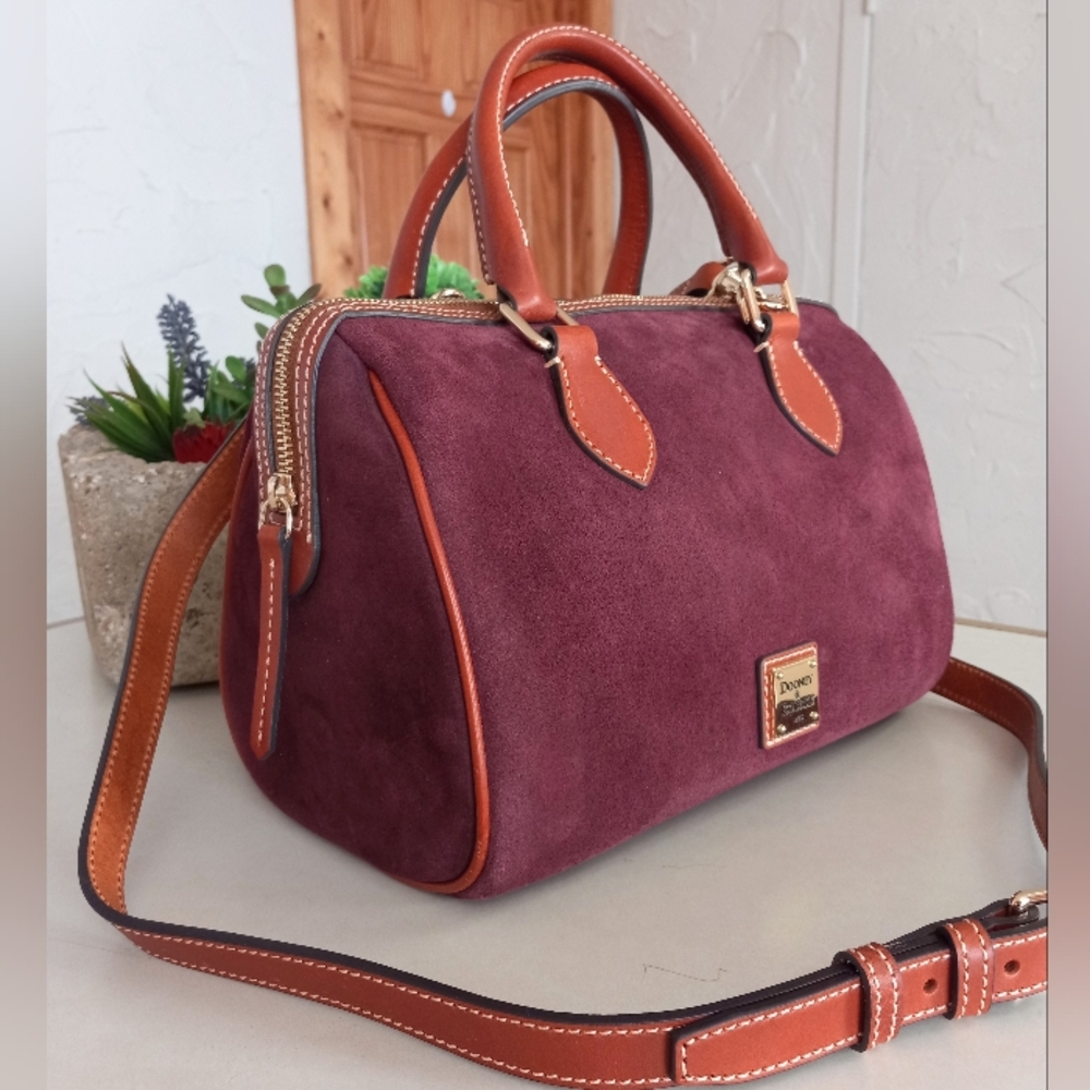 Dooney & Bourke Suede Barrel Satchel with Crossbody Strap, in Wine.